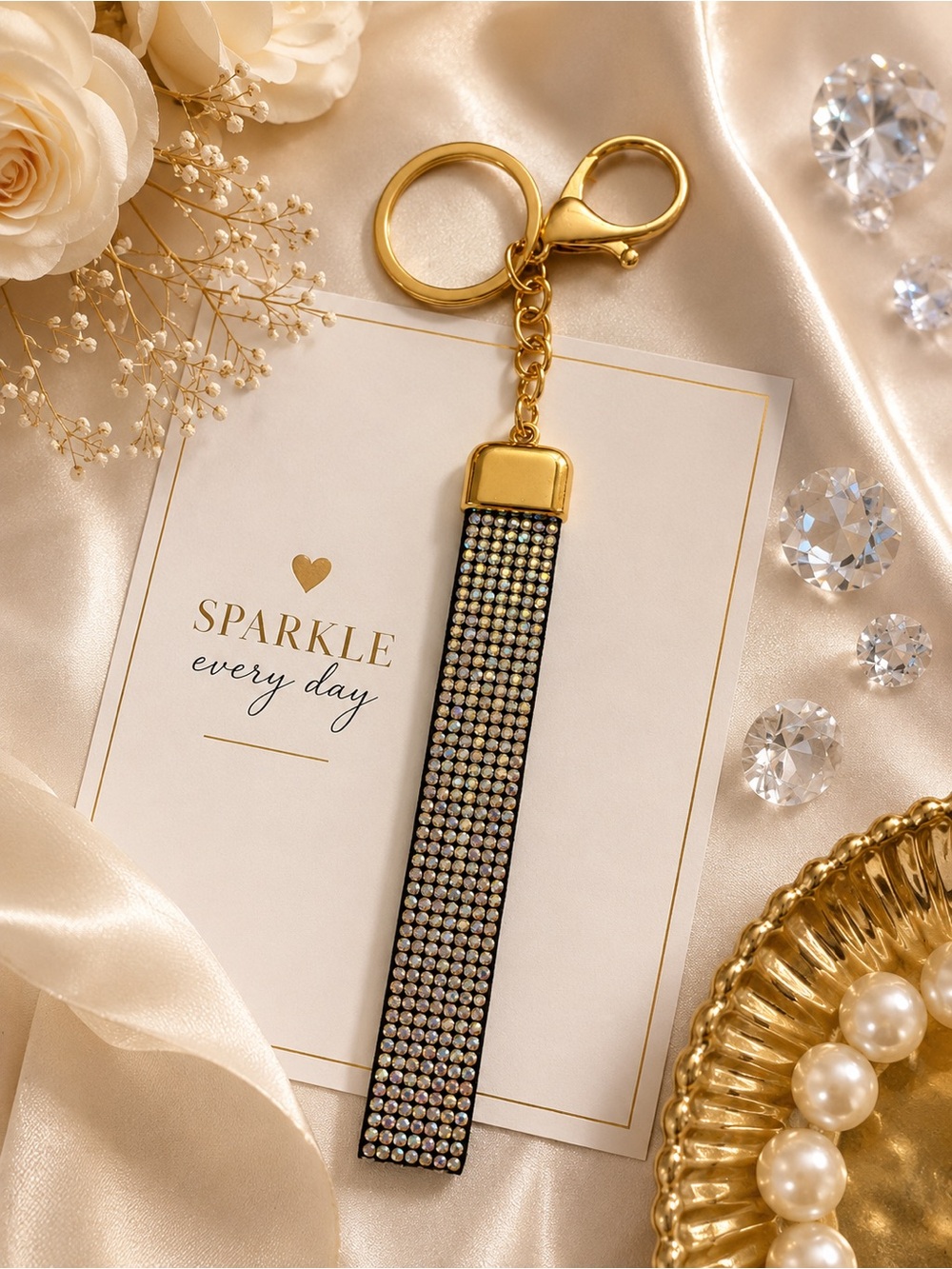 ✨ Sparkly Rhinestone Wristlet Keychain | Gold-Tone Clasp | Bling Key Fob